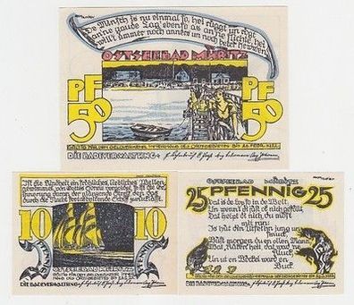 kompl. Serie mit 3 Banknoten Notgeld Reutergeld des Ostseebad Müritz um 1922