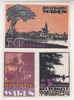 kompl. Serie mit 3 Banknoten Notgeld Reutergeld der Stadt Waren (Müritz) um 1922