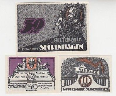 kompl. Serie mit 3 Banknoten Notgeld Reutergeld der Stadt Stavenhagen um 1922