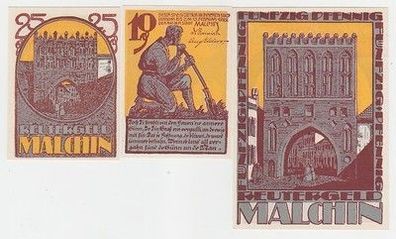 kompl. Serie mit 3 Banknoten Notgeld Reutergeld der Stadt Malchin um 1922