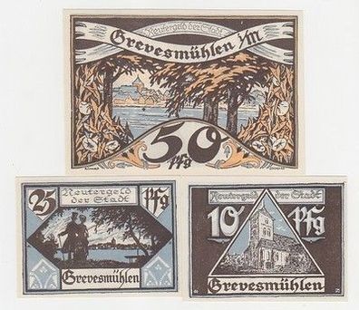 kompl. Serie mit 3 Banknoten Notgeld Reutergeld der Stadt Grevesmühlen um 1922