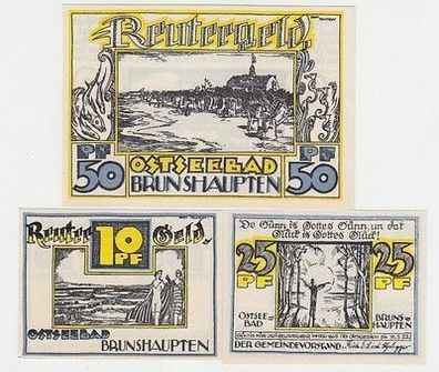 kompl. Serie mit 3 Banknoten Notgeld Reutergeld der Stadt Brunshaupten um 1922