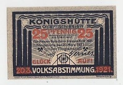 25 Pfennig Banknote Notgeld Stadt Königshütte Krolewska Huta 1921