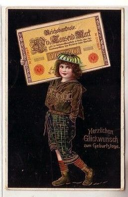 61223 Geburtstags Ak Kind mit 1000 Mark Banknote 1910