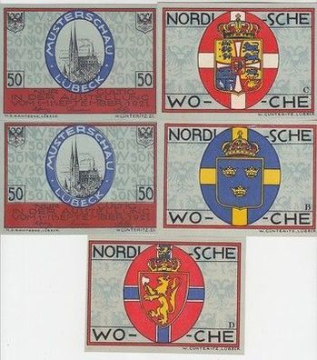 kompl. Serie 5 Banknoten Notgeld Lübeck Nordische Woche Musterschau 1921