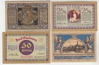 4 Banknoten Notgeld Greiffenberg und Bad Kudowa in Schlesien 1921
