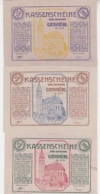 3 Banknoten Notgeld Gemeinde Giesshübl bei Wien 1920