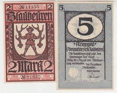 2 Banknoten Notgeld Stadt Blaubeuren 1919