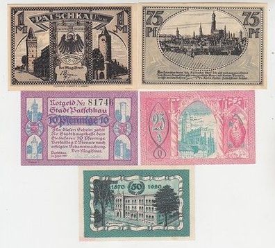 kompl. Serie 5 Banknoten Notgeld Stadt Patschkau Paczkow Oberschlesien 1921