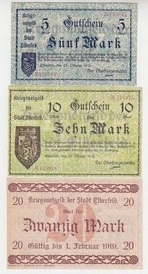 kompl. Serie 3 Banknoten Kriegsnotgeld der Stadt Elberfeld 1918