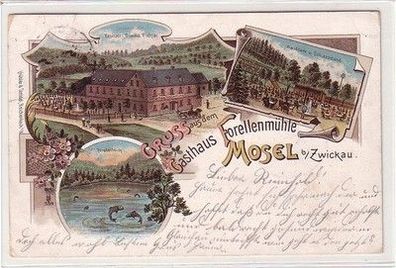 60977 Ak Lithographie Gruß aus dem Gasthaus Forellenmühle Mosel bei Zwickau 1899