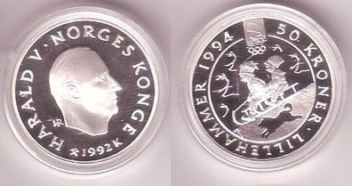 50 Kronen Silber Münze Norwegen Olympiade Lillehammer 1992