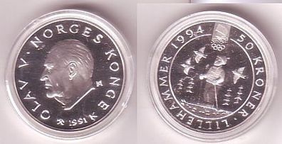 50 Kronen Silber Münze Norwegen Olympiade Lillehammer 1991