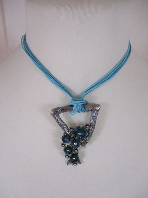 Halskette Silber Blau Türkis Strass Blumen