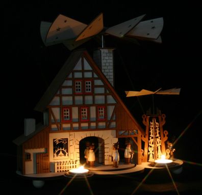 Teelicht-Doppel-Pyramide mit Räucherhaus und Fachwerkhaus Fachhändler Erzgebirge