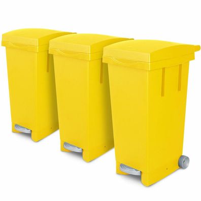 3x 80 Liter Abfallbehälter mit Rollen, gelb, Fußpedal, Deckel