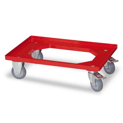 Roller für 600x400 mm Kisten, rot, Tragkraft 250 kg, 2 Lenkrollern m. Bremse