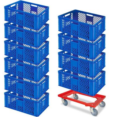 10x Bäckerkiste, 600x400x240 mm, blau, lebensmittelecht + GRATIS Transportroller
