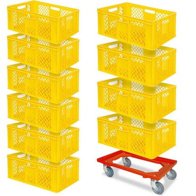 10x Bäckerkiste, 600x400x240 mm, lebensmittelecht, gelb + GRATIS Transportroller