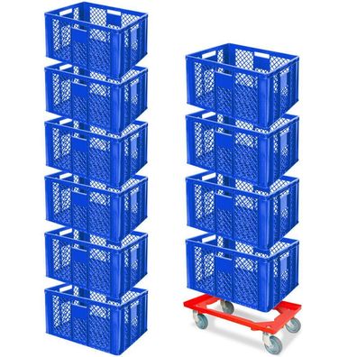 10x Bäckerkiste, 600x400x320 mm, lebensmittelecht, blau + GRATIS Transportroller
