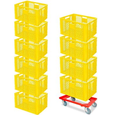 10x Bäckerkiste, 600x400x320 mm, lebensmittelecht, gelb + GRATIS Transportroller