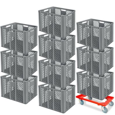 10x Bäckerkiste, 600x400x410 mm, lebensmittelecht, grau + GRATIS Transportroller