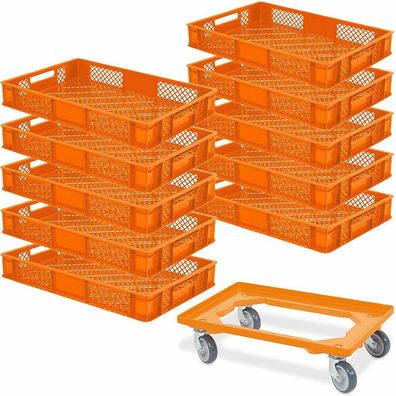 10x Bäckerkiste/ Eurobehälter, LxBxH 600x400x90 mm, orange + Transportroller