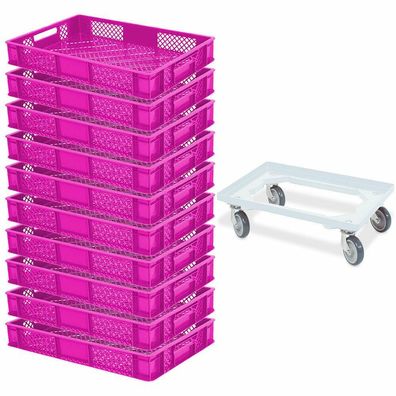 10x Bäckerkiste/ Eurobehälter, LxBxH 600x400x90 mm, pink + GRATIS Transportroller