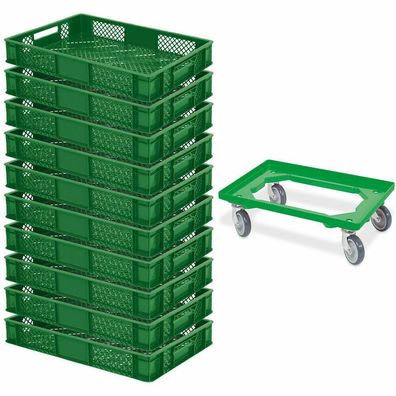 10x Eurobehälter/ Bäckerkiste, LxBxH 600x400x90 mm, grün + Transportroller