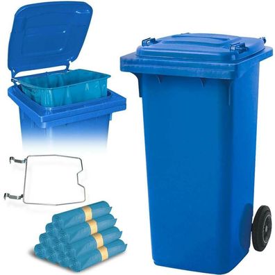 120 Liter Mülltonne blau mit Halter für Müllsäcke, inkl. 250 Müllsäcke