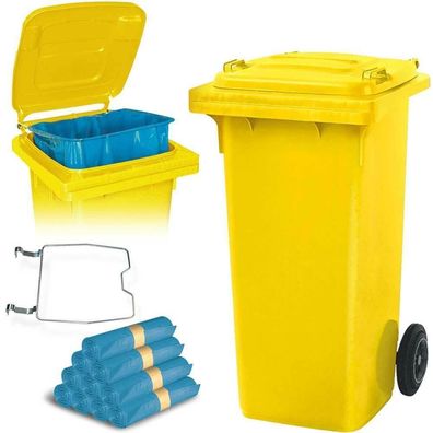 120 Liter Mülltonne gelb mit Halter für Müllsäcke, inkl. 250 Müllsäcke