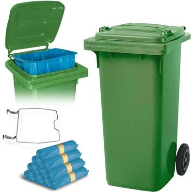 120 Liter Mülltonne grün mit Halter für Müllsäcke, inkl. 250 Müllsäcke