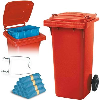 120 Liter Mülltonne rot mit Halter für Müllsäcke, inkl. 250 Müllsäcke