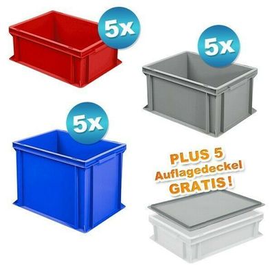 15x Stapelbox, 3 Größen/ Farben, LxB 400 x 300 mm + 5x Auflagedeckel GRATIS!