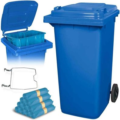 240 Liter Mülltonne blau mit Halter für Müllsäcke, inkl. 100 Müllsäcke