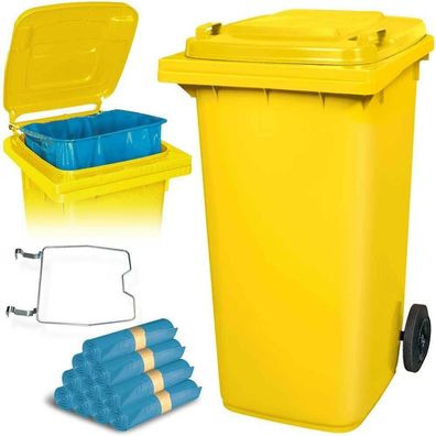 240 Liter Mülltonne gelb mit Halter für Müllsäcke, inkl. 100 Müllsäcke