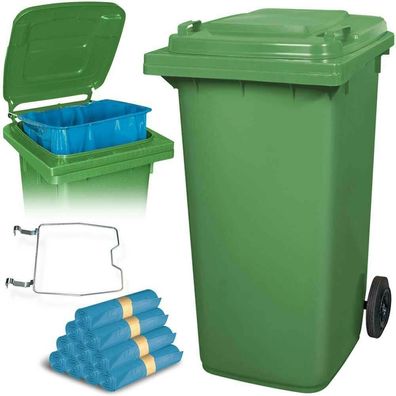 240 Liter Mülltonne grün mit Halter für Müllsäcke, inkl. 100 Müllsäcke