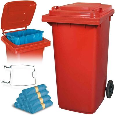 240 Liter Mülltonne rot mit Halter für Müllsäcke, inkl. 100 Müllsäcke