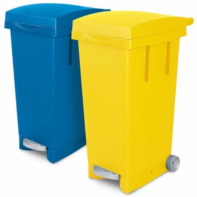 2x 80 Liter Abfallbehälter mit Rollen, 1x blau, 1x gelb, Fußpedal, Deckel
