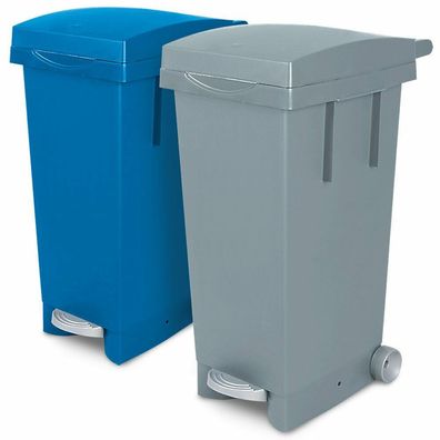 2x 80 Liter Abfallbehälter mit Rollen, 1x blau, 1x grau, Fußpedal, Deckel