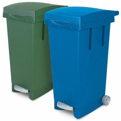 2x 80 Liter Abfallbehälter mit Rollen, 1x grün, 1x blau, Fußpedal, Deckel