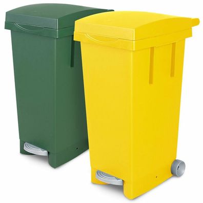 2x 80 Liter Abfallbehälter mit Rollen, 1x grün, 1x gelb, Fußpedal, Deckel