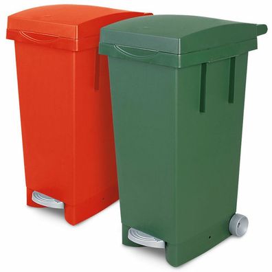 2x 80 Liter Abfallbehälter mit Rollen, 1x grün, 1x rot, Fußpedal, Deckel
