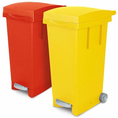 2x 80 Liter Abfallbehälter mit Rollen, 1x rot, 1x gelb, Fußpedal, Deckel