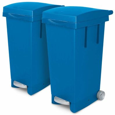 2x 80 Liter Abfallbehälter mit Rollen, 2x blau, Fußpedal, Deckel