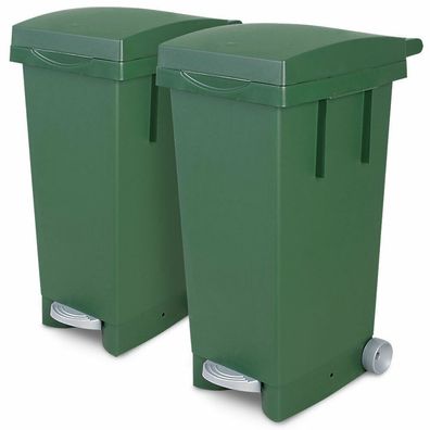 2x 80 Liter Abfallbehälter mit Rollen, 2x grün, Fußpedal, Deckel
