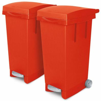 2x 80 Liter Abfallbehälter mit Rollen, 2x rot, Fußpedal, Deckel
