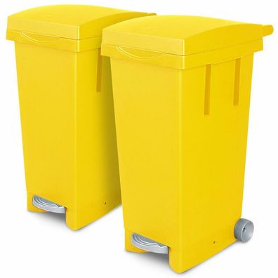 2x 80 Liter Abfallbehälter mit Rollen, gelb, Fußpedal, Deckel, Klemmring