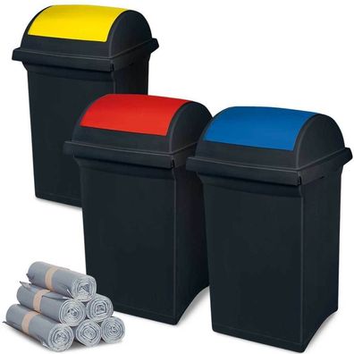 3 Abfallbehälter mit Schwingdeckel blau, gelb, rot, 50 l + 300 Müllsäcken á 100 l