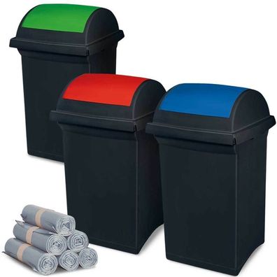 3 Abfallbehälter mit Schwingdeckel blau, grün, rot, 50 l + 300 Müllsäcken á 100 l